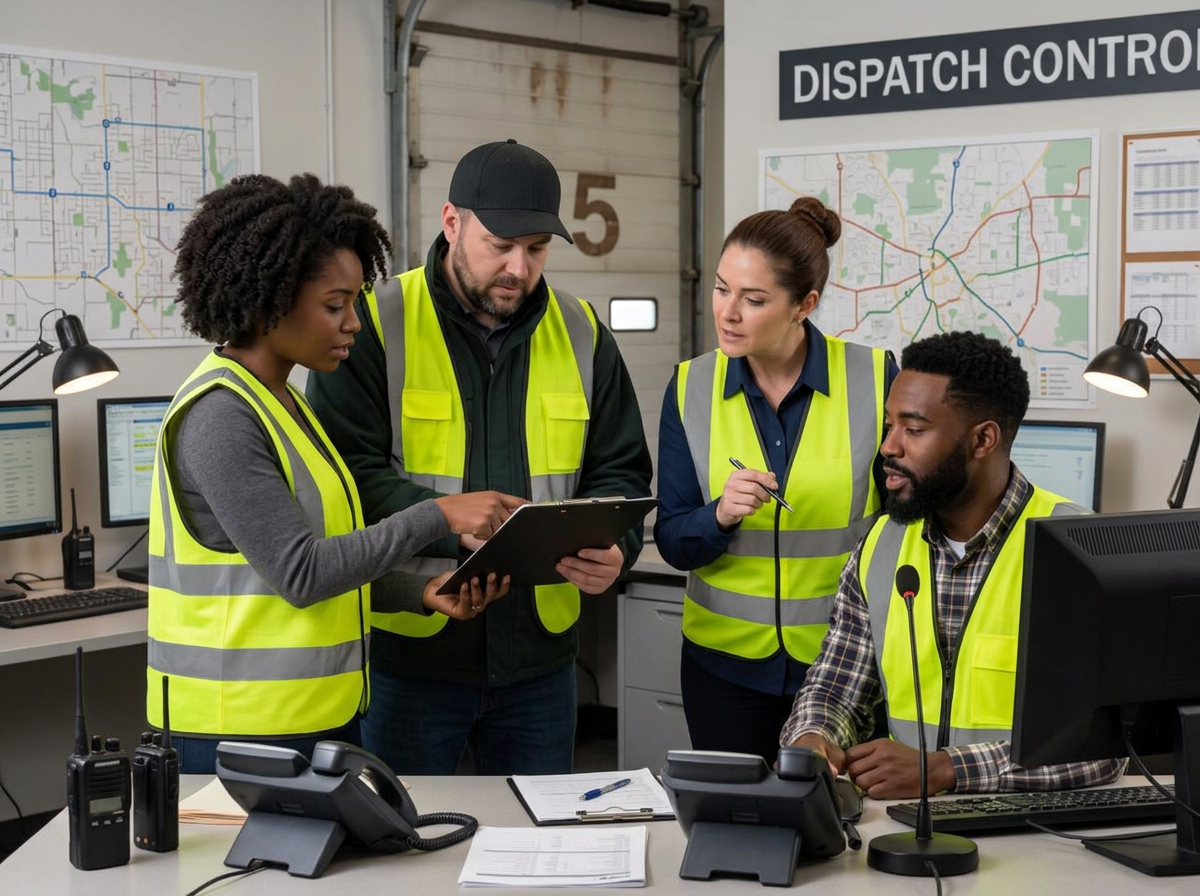 Dispatcher and driver reviewing a delivery schedule at a loading dock