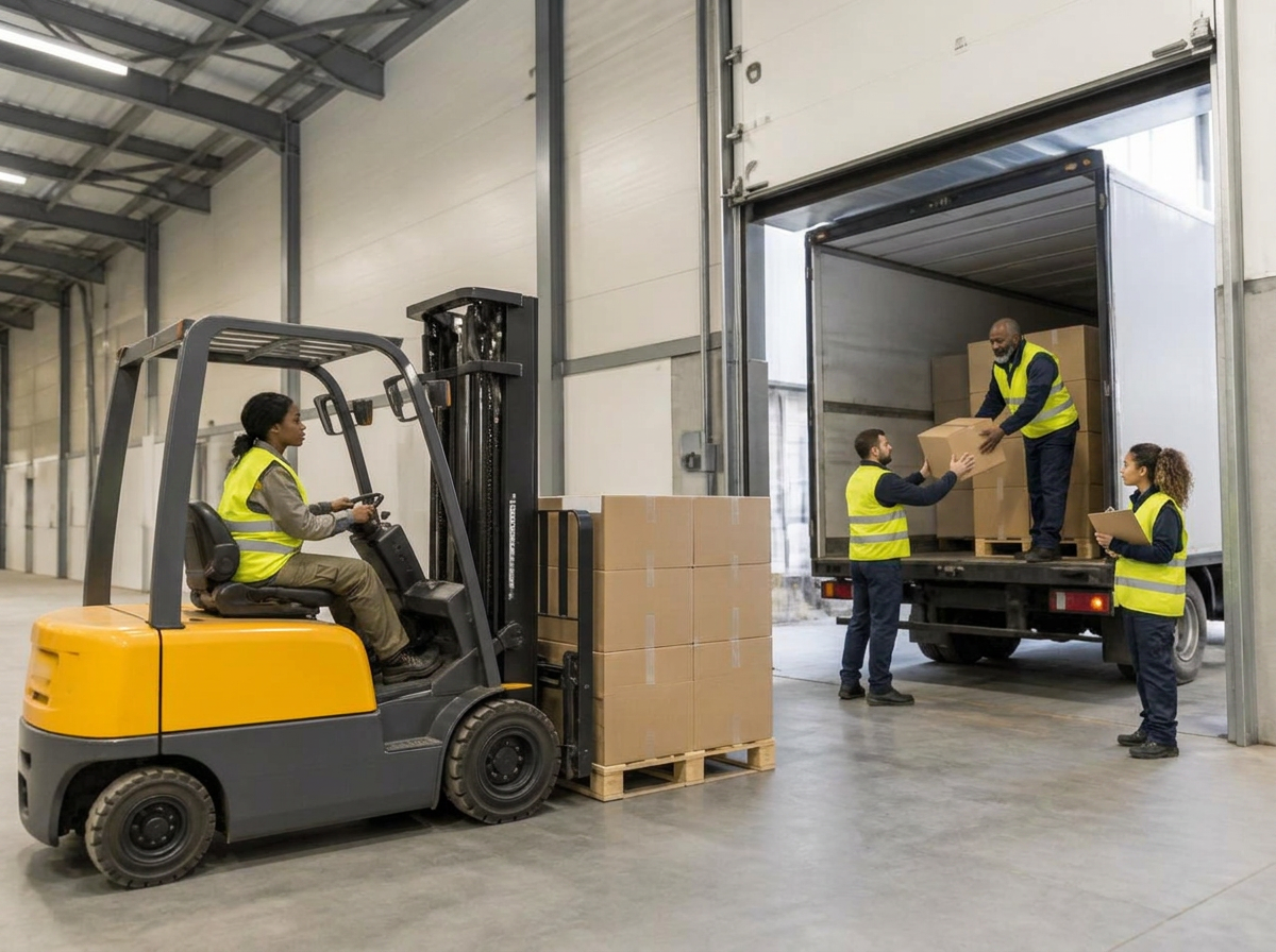 Warehouse team loading pallets into a trailer at a loading dock